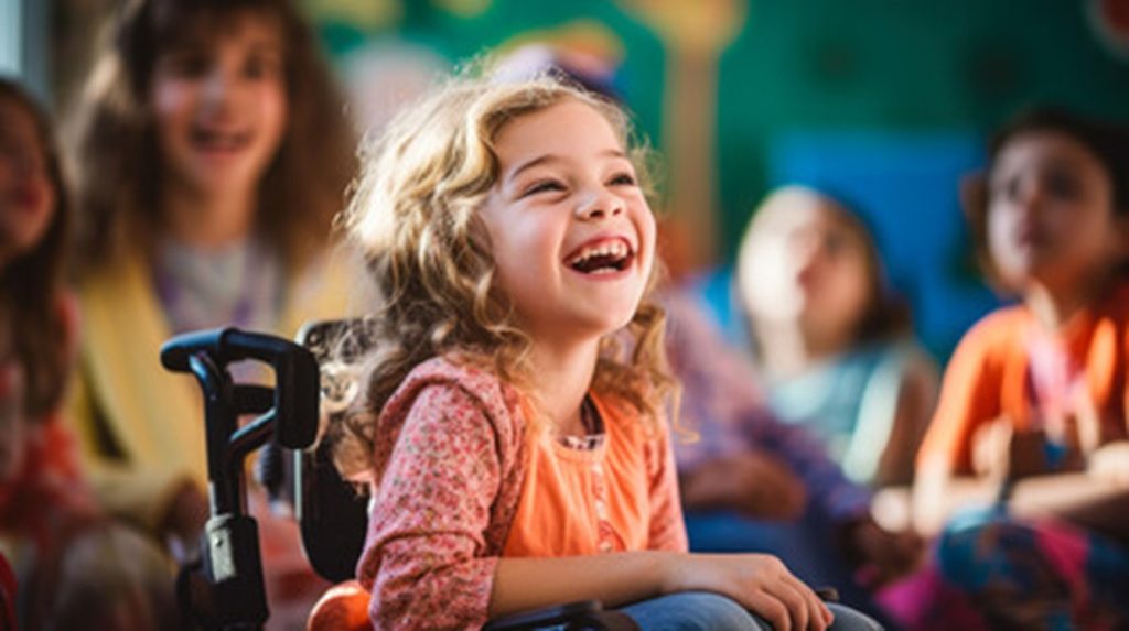 smiling child in wheelchair